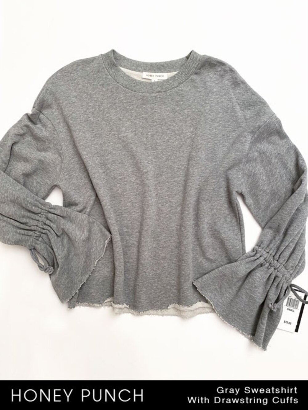 HONEY PUNCH Heather Gray Sweatshirt With Drawstring Ruffle Cuffs Size S
